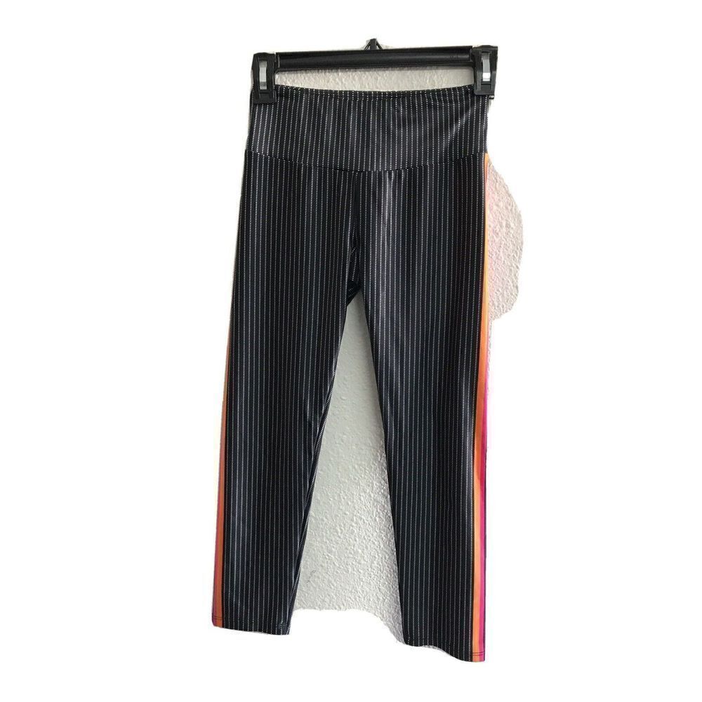 Goldsheep Women Black Striped Crop High Waist Leggings XS Rainbow  Stretch USA